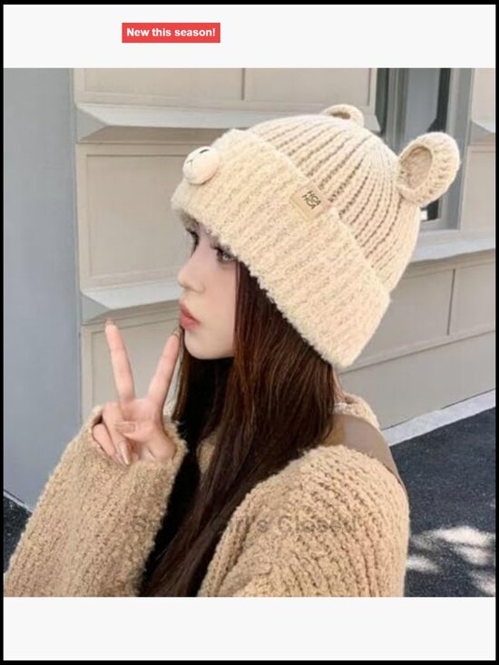 Crochet Y2K Beanie Knit Bear Ear Hat Furry Slouchy Beanies Cute Plush Fuzzy main image 2